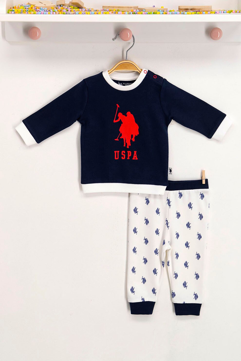 U.S. Polo Assn., Set de pantaloni si bluza cu model logo, Bleumarin/Alb, 68-74 CM
