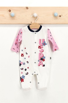 U.S. Polo Assn., Salopeta de bumbac cu botosei si imprimeu logo, Crem/Roz U.S. Polo Assn., Salopeta de bumbac cu botosei si imprimeu logo, Crem/Roz