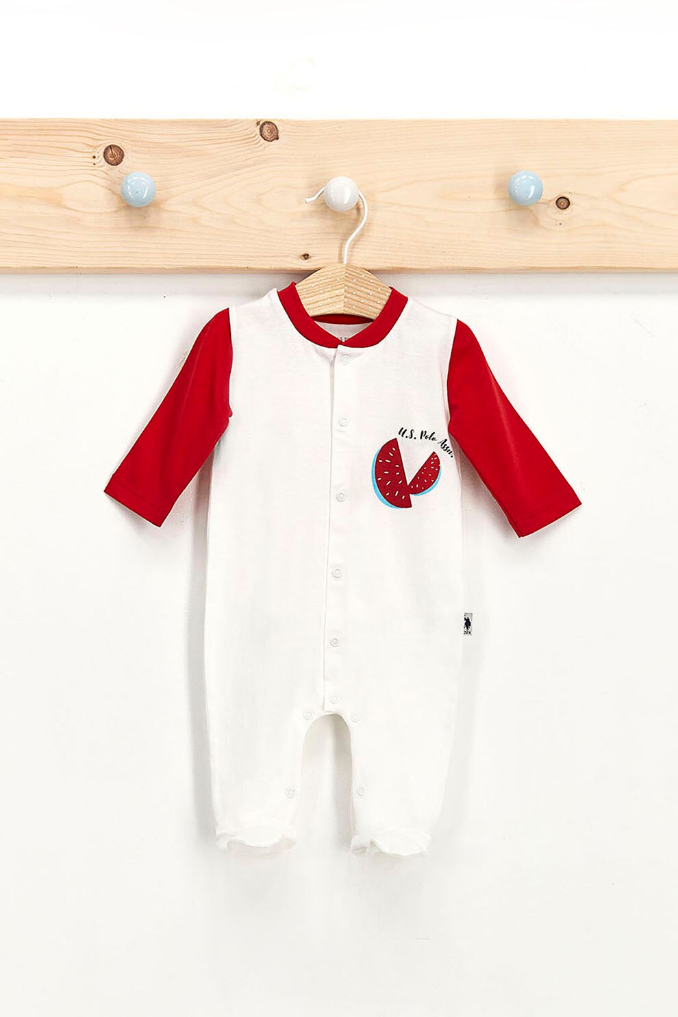 U.S. Polo Assn., Salopeta de bumbac cu botosei si imprimeu, Crem/Rosu, 56-62 CM