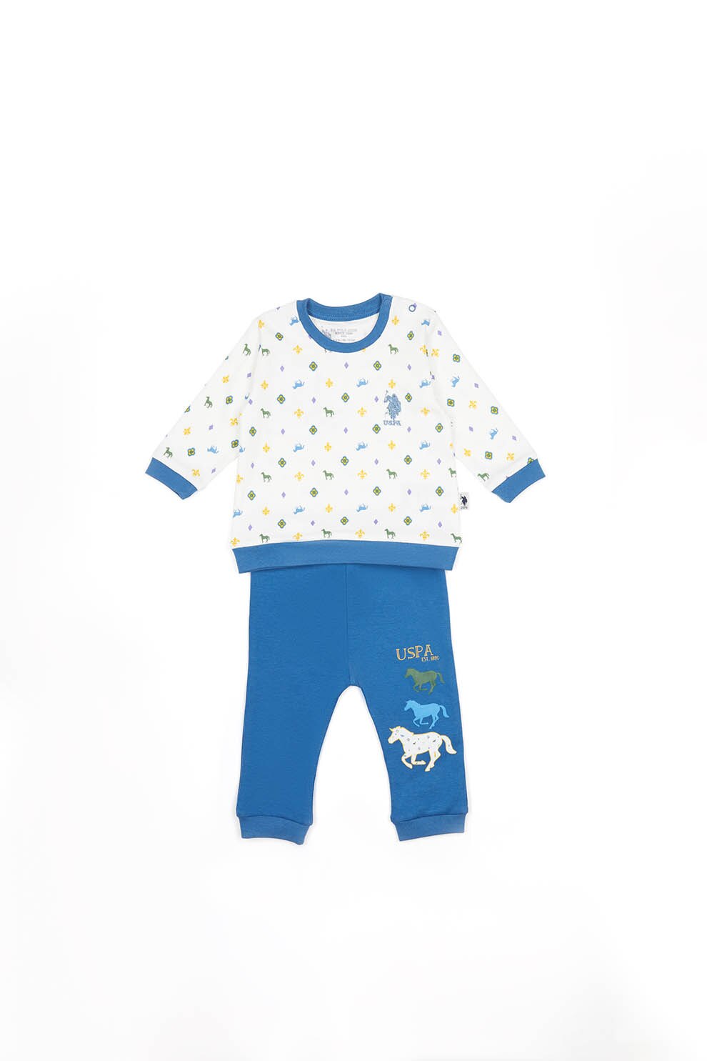 U.S. Polo Assn., Set de imbracaminte de bumbac cu imprimeu grafic, Crem/Albastru