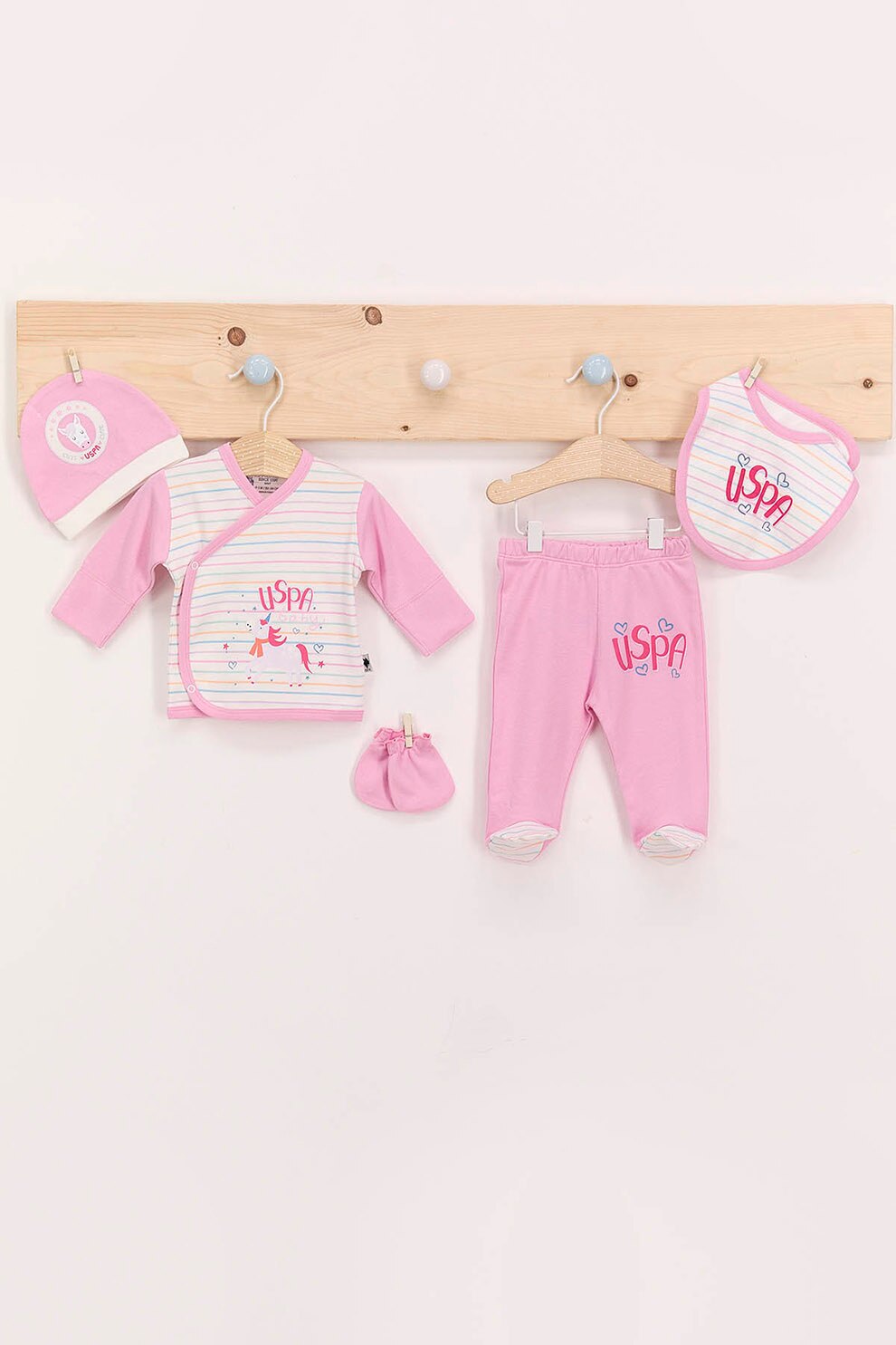 U.S. Polo Assn., Set de imbracaminte de bumbac cu imprimeu logo - 5 piese, Crem/Roz, 50-56 CM