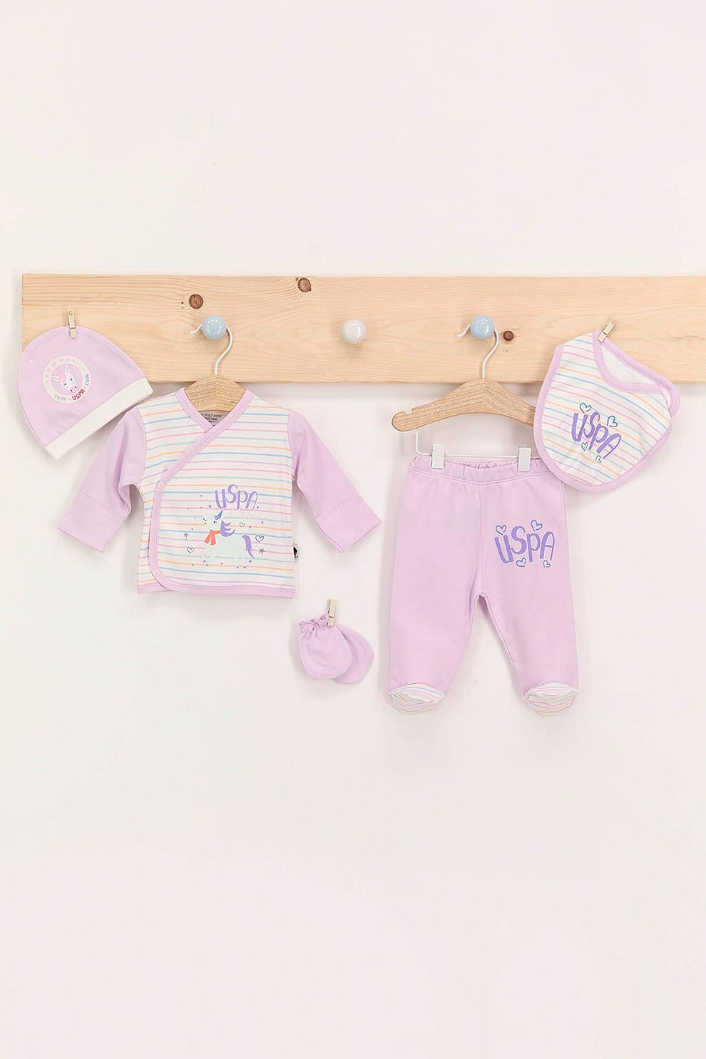 U.S. Polo Assn., Set de imbracaminte de bumbac cu imprimeu logo - 5 piese, Crem/Roz, 50-56 CM