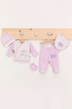 U.S. Polo Assn., Set de imbracaminte de bumbac cu imprimeu logo - 5 piese, Crem/Roz, 50-56 CM U.S. Polo Assn., Set de imbracaminte de bumbac cu imprimeu logo - 5 piese, Crem/Roz, 50-56 CM