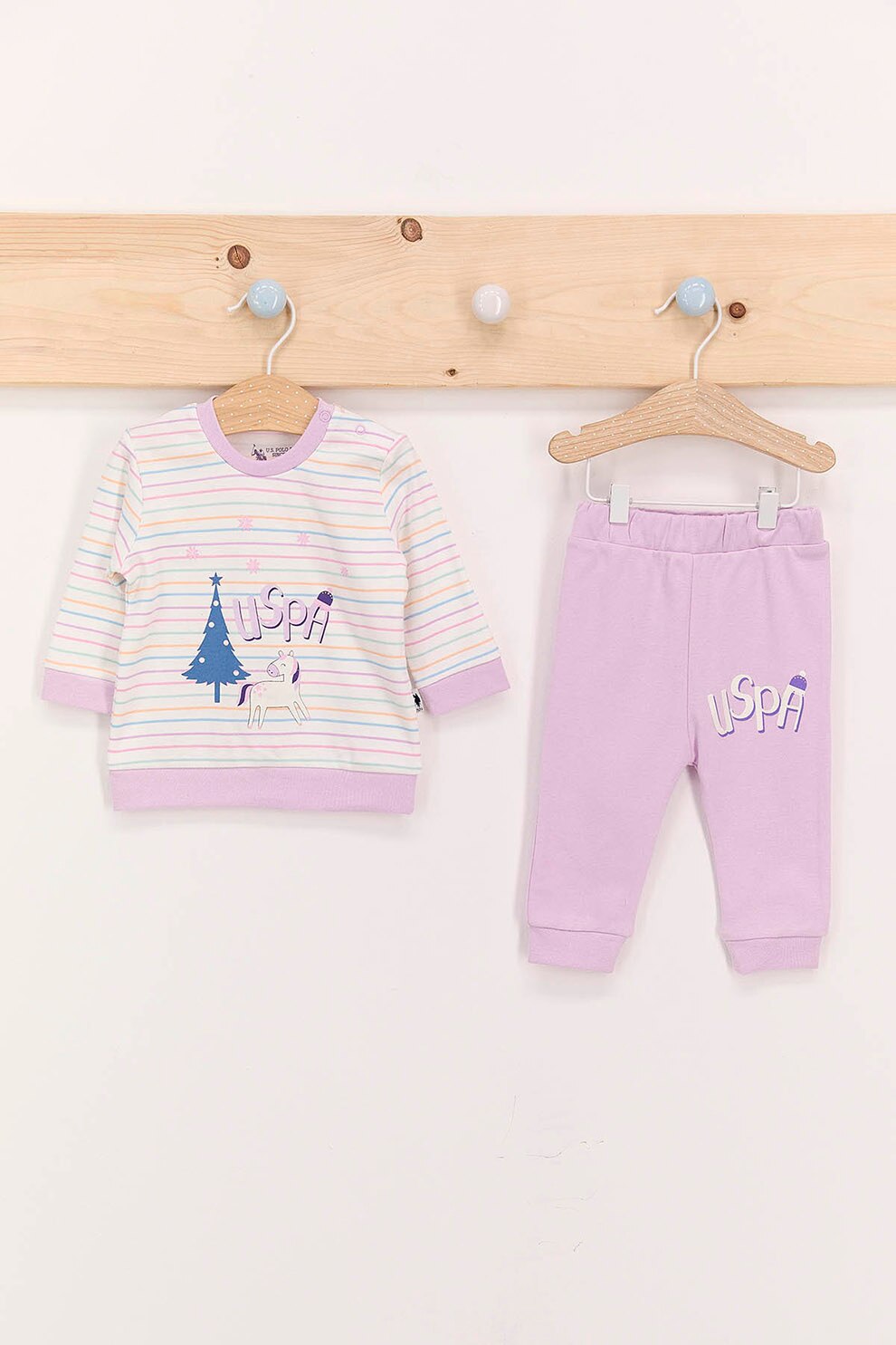 U.S. Polo Assn., Set de bluza si pantaloni din bumbac cu dungi si model logo, Lila/Alb, 62-68 CM