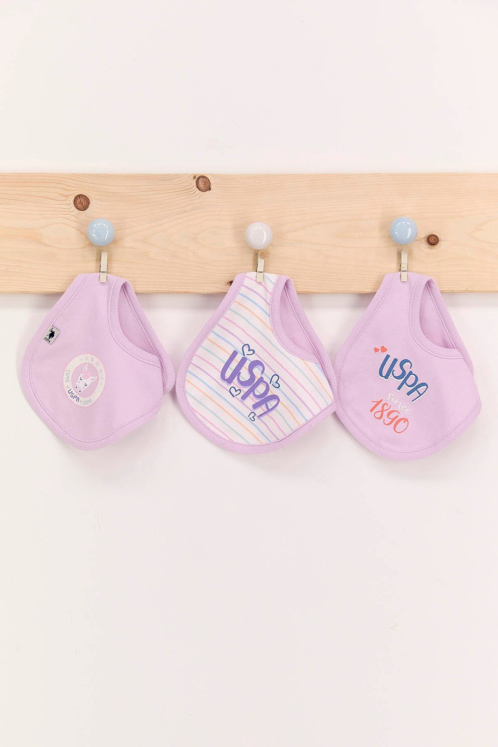 U.S. Polo Assn., Set de bavete de bumbac cu model - 3 piese, Lila/Alb