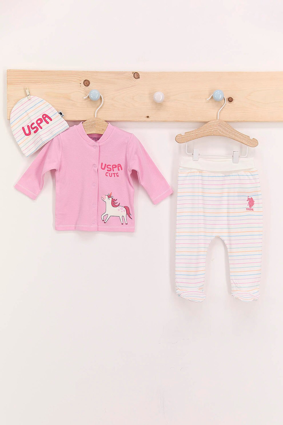 U.S. Polo Assn., Set de imbracaminte de bumbac cu model, Roz/Alb