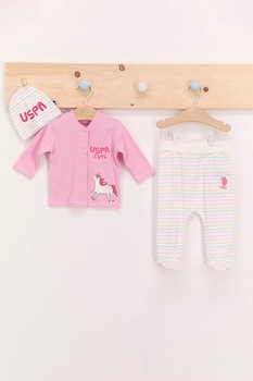 U.S. Polo Assn., Set de imbracaminte de bumbac cu model, Roz/Alb U.S. Polo Assn., Set de imbracaminte de bumbac cu model, Roz/Alb