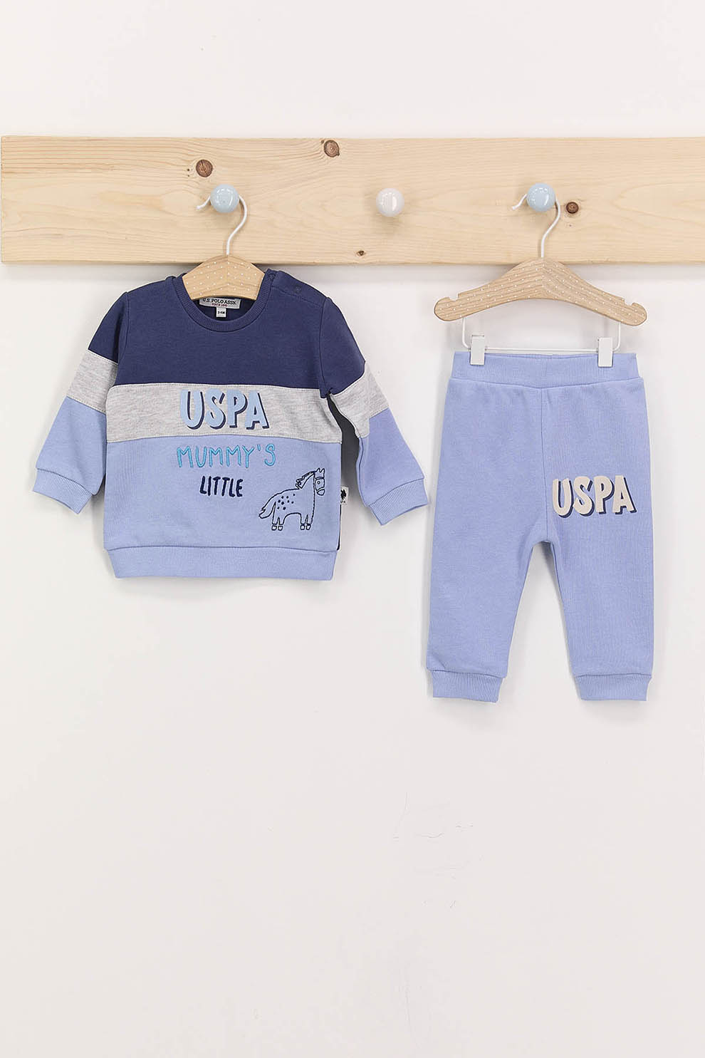 U.S. Polo Assn., Set de bluza sport cu imprimeu si pantaloni sport - 2 piese, Albastru/Gri, 68-74 CM