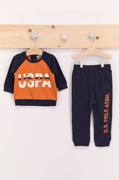 U.S. Polo Assn., Set de pantaloni sport si bluza sport cu imprimeu logo contrastant - 2 piese, Bleumarin/Oranj U.S. Polo Assn., Set de pantaloni sport si bluza sport cu imprimeu logo contrastant - 2 piese, Bleumarin/Oranj