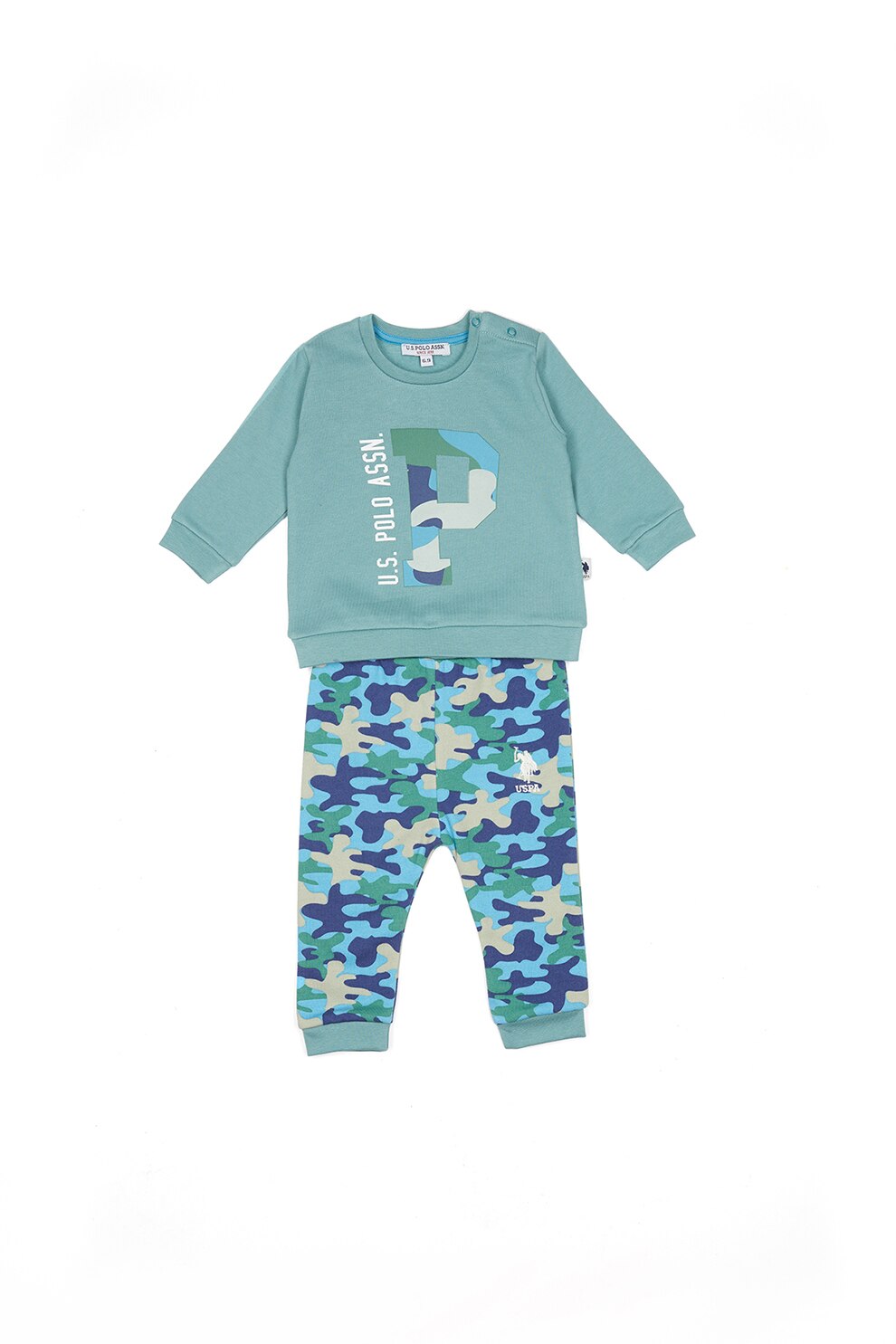 U.S. Polo Assn., Set de pantaloni si bluza de bumbac cu model, Albastru azur