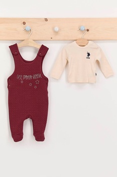 U.S. Polo Assn., Set de bluza si salopeta cu botosei din bumbac, Visiniu U.S. Polo Assn., Set de bluza si salopeta cu botosei din bumbac, Visiniu