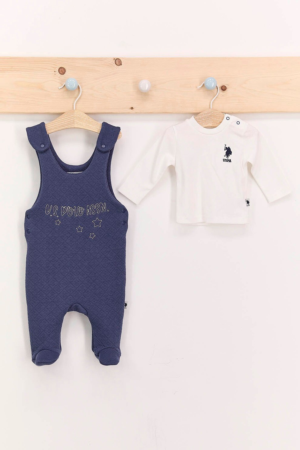 U.S. Polo Assn., Set de bluza si salopeta cu botosei din bumbac, Bleumarin, 68-74 CM