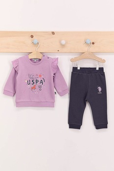 U.S. Polo Assn., Set de imbracaminte de bumbac cu imprimeu logo, Lila, 68-74 CM U.S. Polo Assn., Set de imbracaminte de bumbac cu imprimeu logo, Lila, 68-74 CM