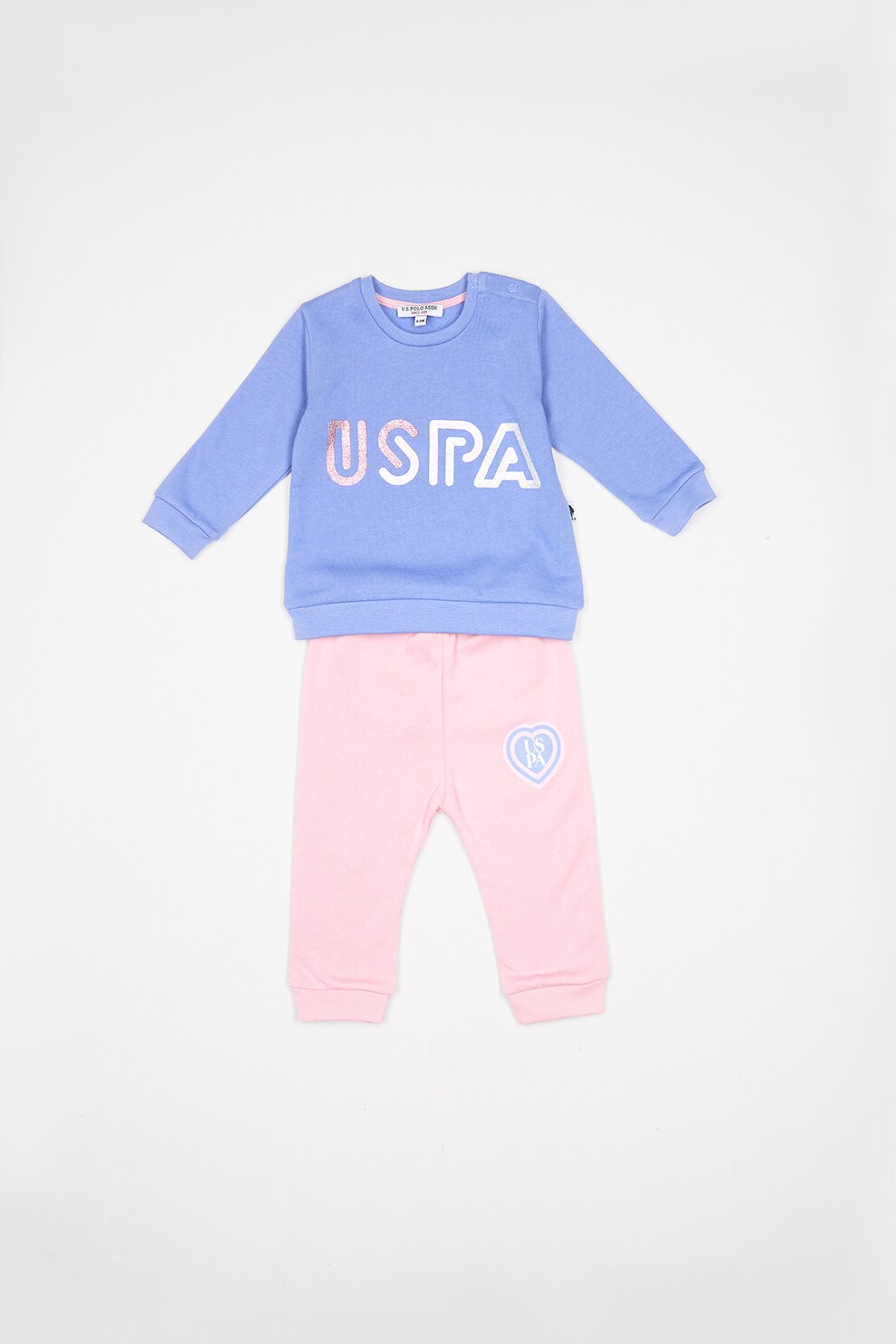 U.S. Polo Assn., Set de bluza si pantaloni cu imprimeu cu aspect stralucitor, Albastru azur/Roz pastel
