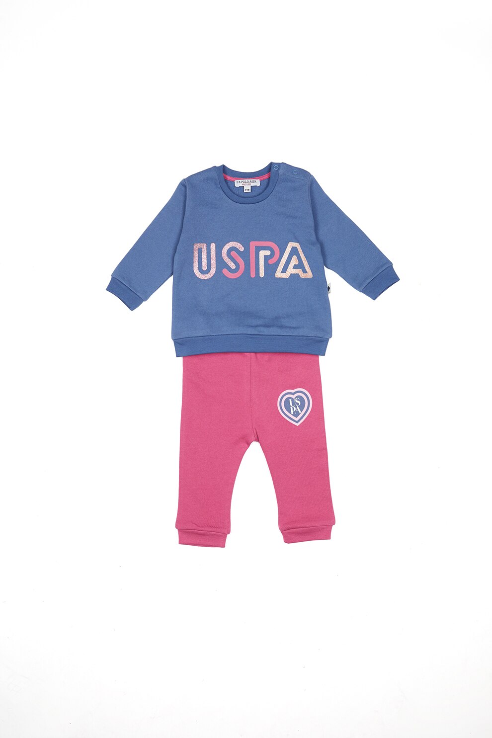 U.S. Polo Assn., Set de bluza si pantaloni cu imprimeu cu aspect stralucitor, Albastru azur/Roz pastel