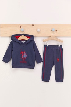 U.S. Polo Assn., Set de pantaloni si hanorac de bumbac cu logo brodat, Bleumarin/Rosu, 68-74 CM U.S. Polo Assn., Set de pantaloni si hanorac de bumbac cu logo brodat, Bleumarin/Rosu, 68-74 CM