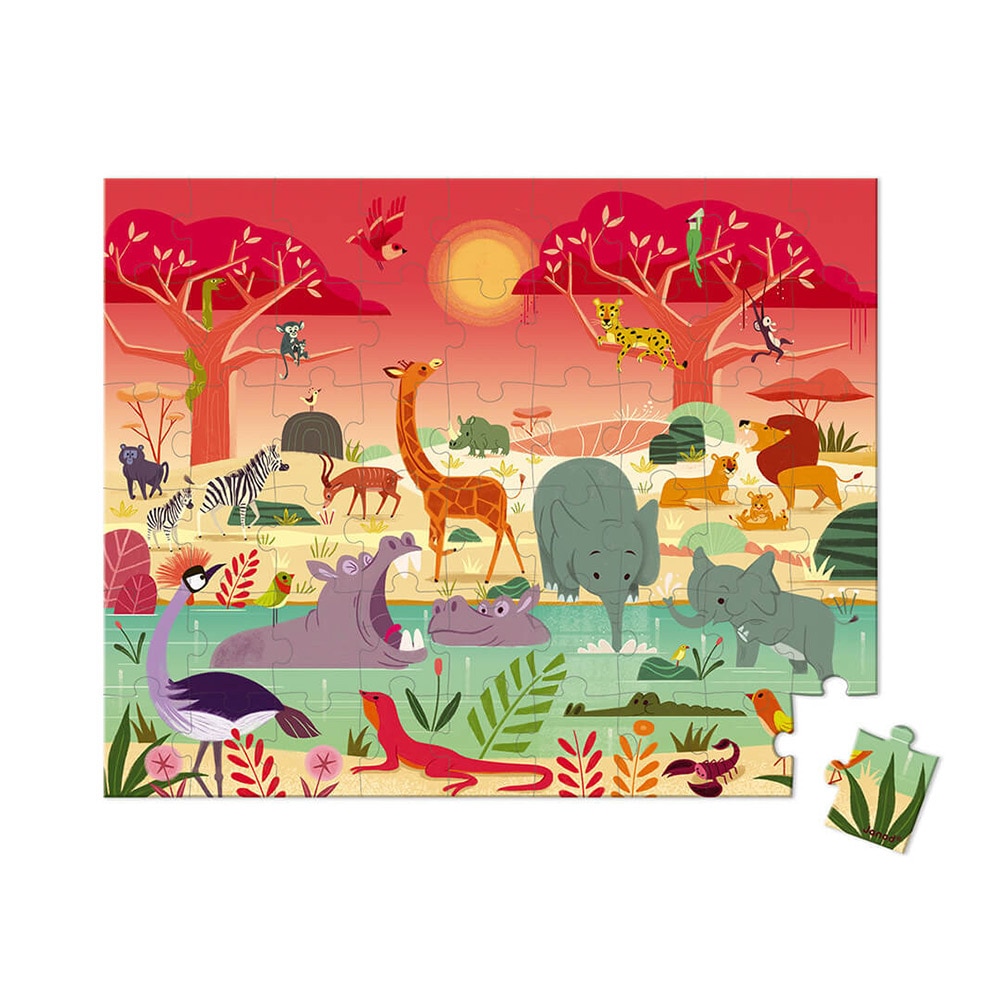 Puzzle rezervatie de animale, Janod, cu cutie gentuta, 54 piese