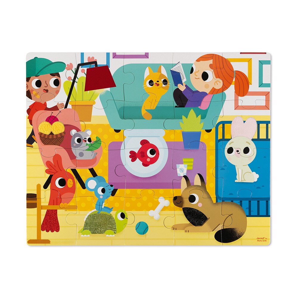 Puzzle tactil, Janod, animale de companie, 20 piese, 2 ani+