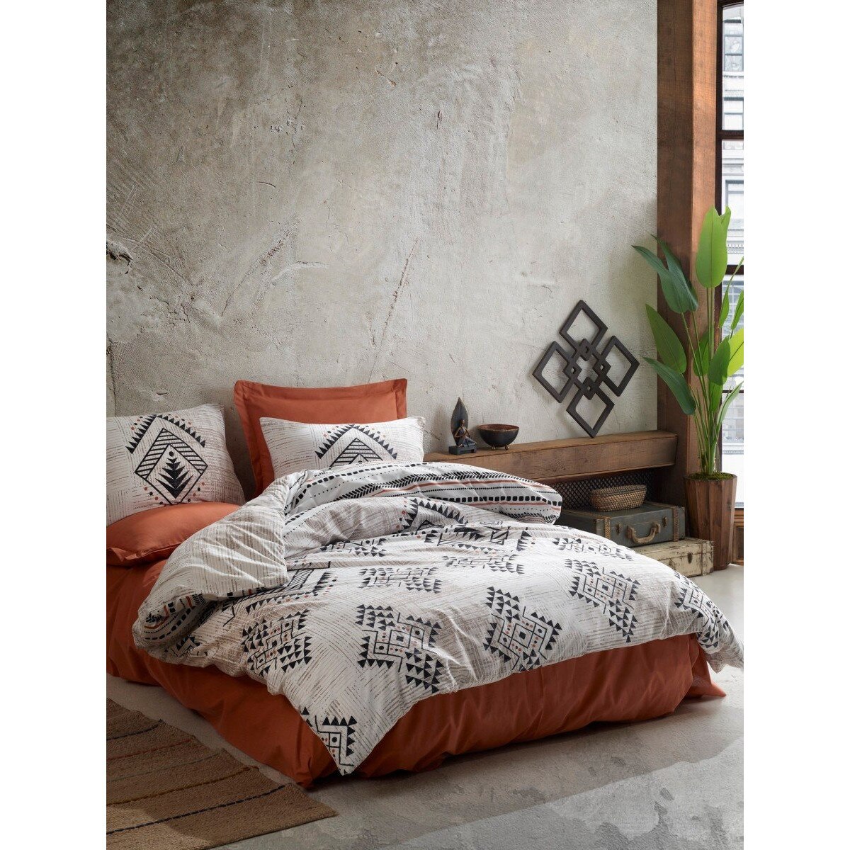 Set Lenjerie pat dublu bumbac 100% ranforce, 4 piese, 240x260 cm, Cotton Box, Lenuta Cinamon