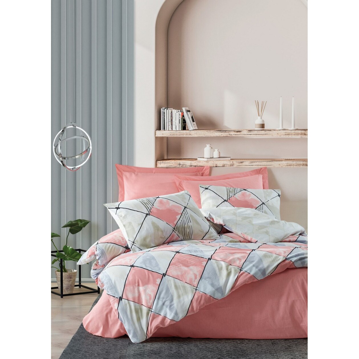 Set Lenjerie pat dublu bumbac 100% ranforce, 4 piese, 240x260 cm, Cotton Box, Tetragon Pink