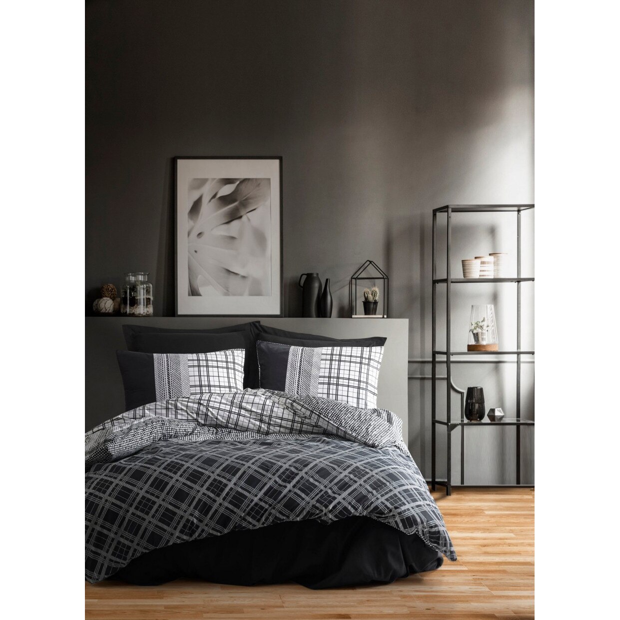 Set Lenjerie pat dublu bumbac 100% ranforce, 4 piese, 240x260 cm, Cotton Box, Carlos Black