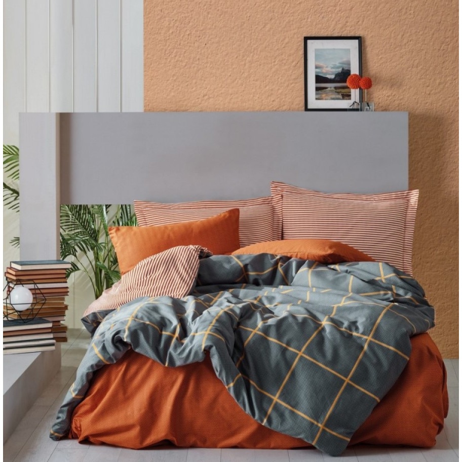 Set Lenjerie pat dublu bumbac 100% ranforce, 4 piese, 240x260 cm, Cotton Box, Stark Cinamon