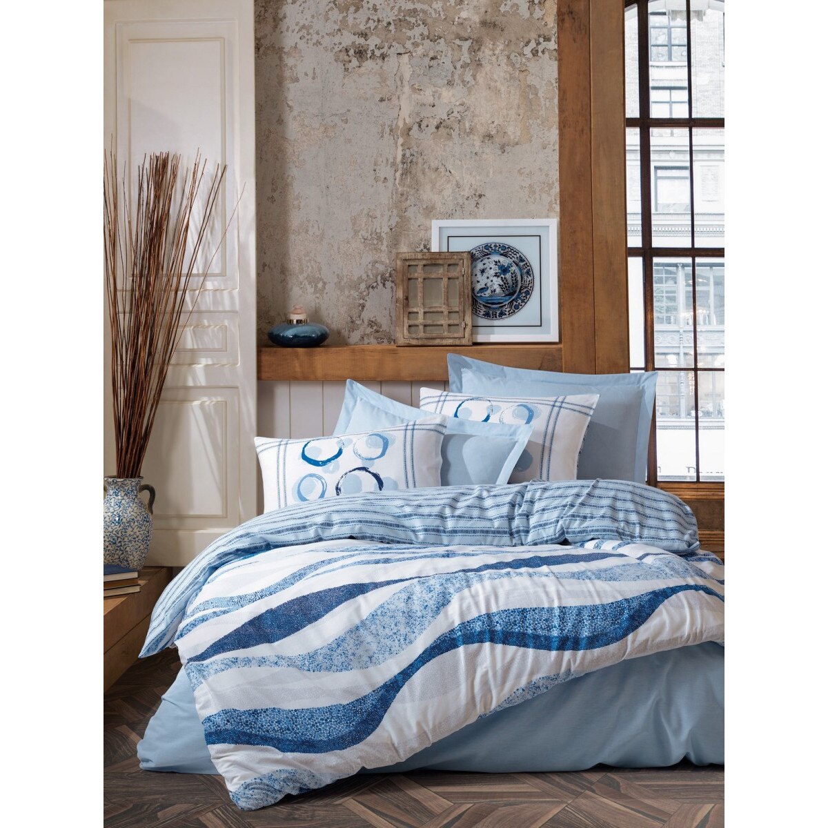 Lenjerie pat dublu, bumbac 100% ranforce, 4 piese, Cotton Box, Jenita Blue