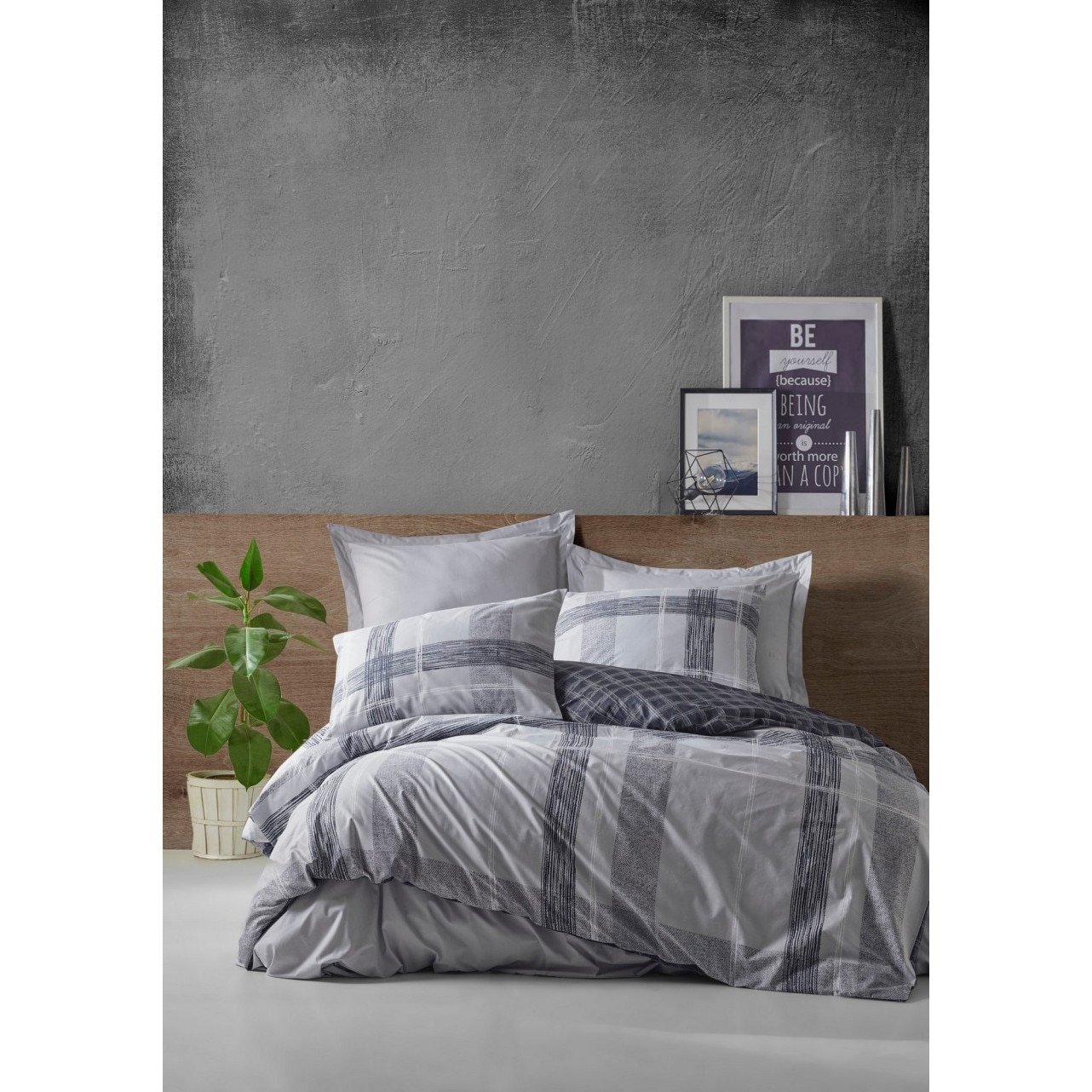 Set Lenjerie pat dublu bumbac 100% ranforce, 4 piese, 240x260 cm, Cotton Box, Miranda Grey