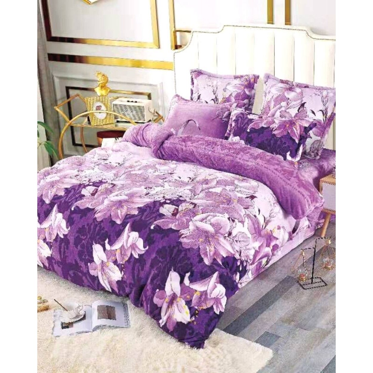 Set Lenjerie Cocolino Pufoasa cu 2 Fete, Pat 2 Persoane, 6 Piese, Flori Lila, LCE-16