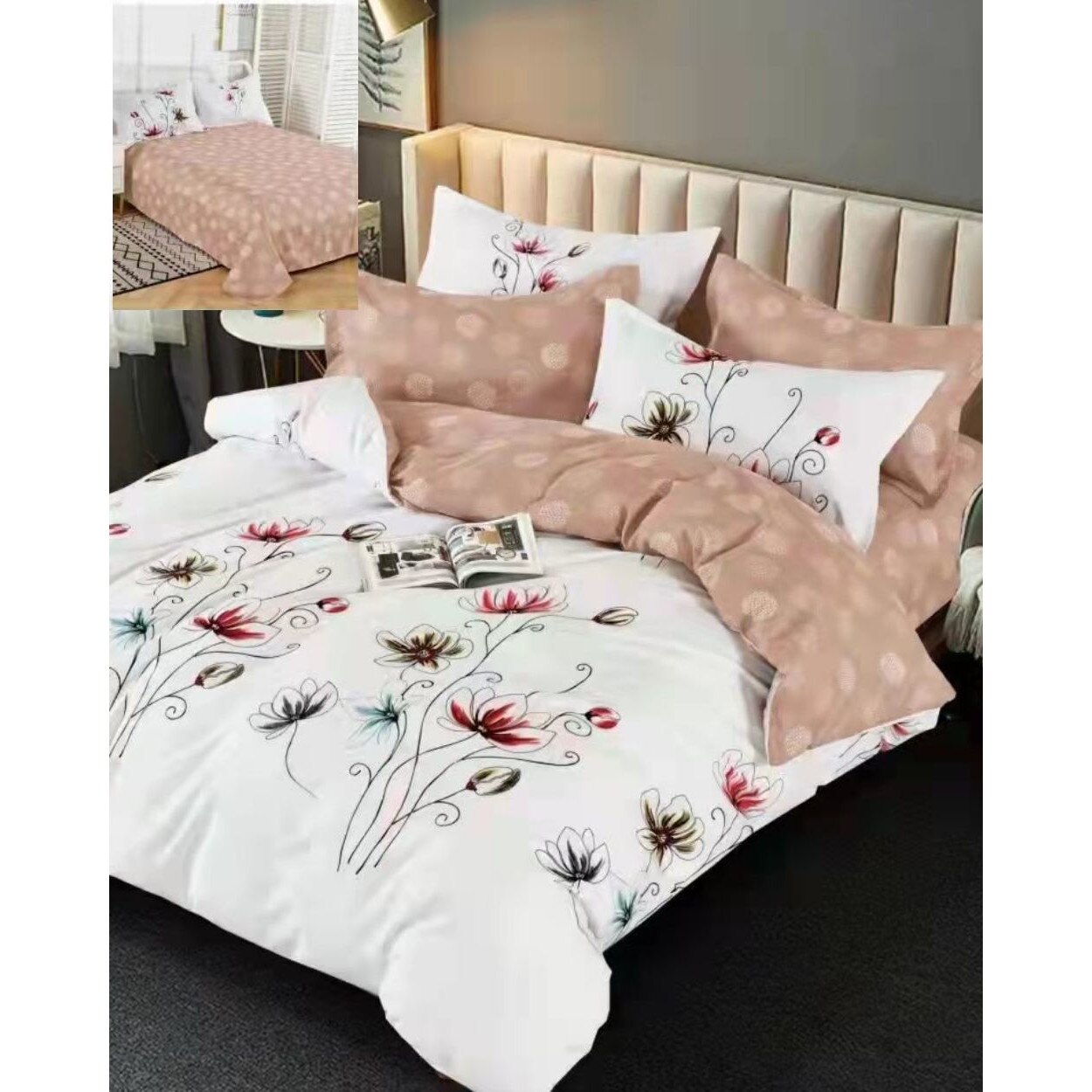 Set Lenjerie Finet Satinat, 6 Piese, Pat 2 Persoane, Elegant Pucioasa, Flori Colorate, FNM-240