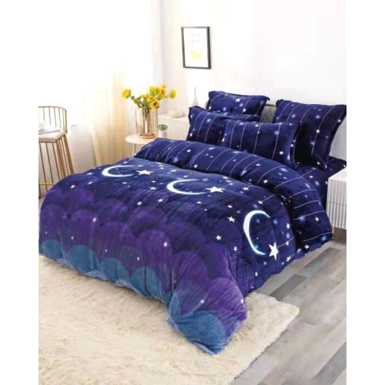 Set Lenjerie Cocolino Pufoasa cu 2 Fete, Pat 2 Persoane, 6 Piese, Moon and Stars, LCE-12