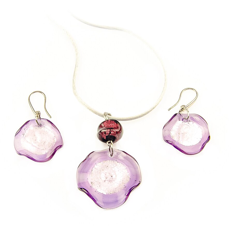 Set Rona din sticla de Murano, 2 piese, mov, foita de argint in interior, Millefiori