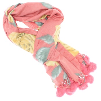 Esarfa de dama, 100% casmir, Roz, cu trandafiri si ciucuri, 190 x 70 cm - ES769 Esarfa de dama, 100% casmir, Roz, cu trandafiri si ciucuri, 190 x 70 cm - ES769