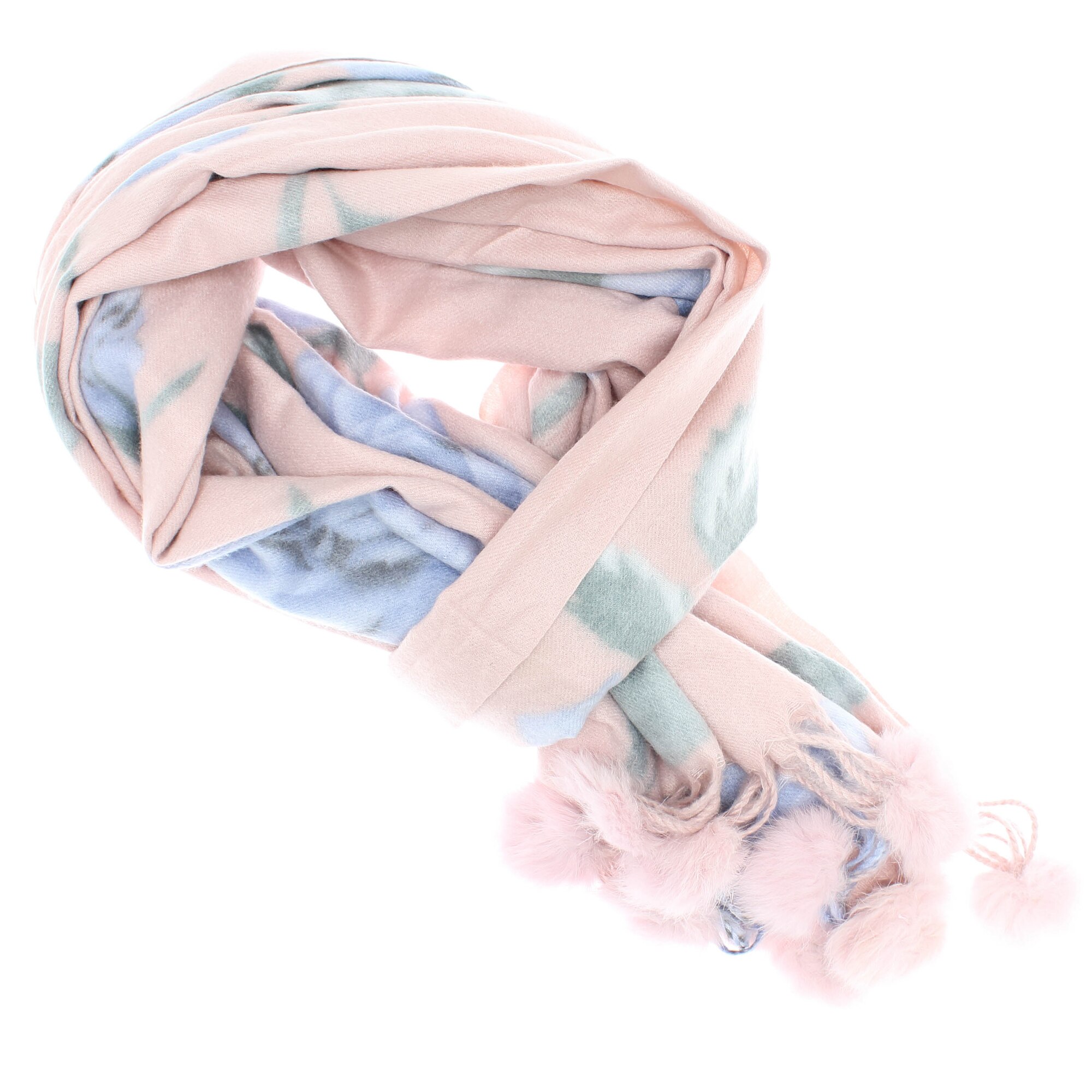 Esarfa de dama, 100% casmir, Roz pal, cu trandafiri si ciucuri, 190 x 70 cm - ES765