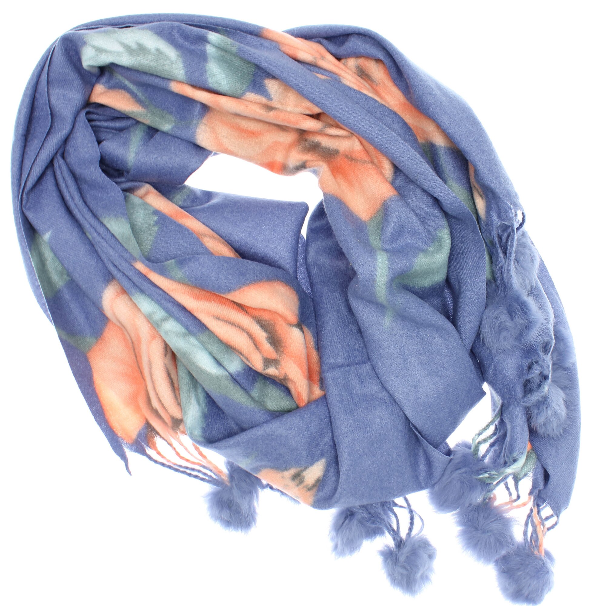 Esarfa de dama, 100% casmir, Albastru, cu trandafiri si ciucuri, 190 x 70 cm - ES767