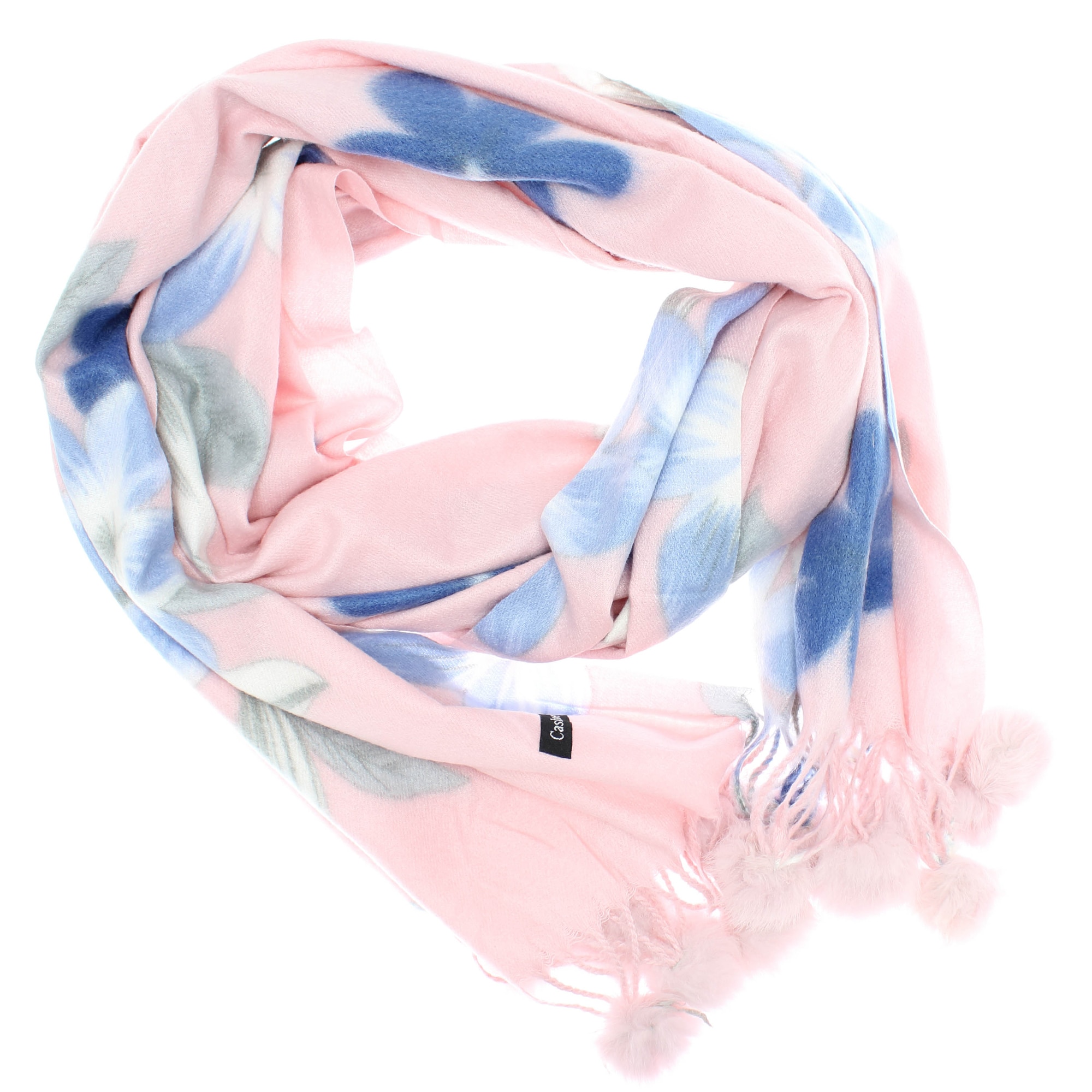 Esarfa de dama, 100% casmir, Roz, cu flori si ciucuri, 190 x 70 cm - ES793