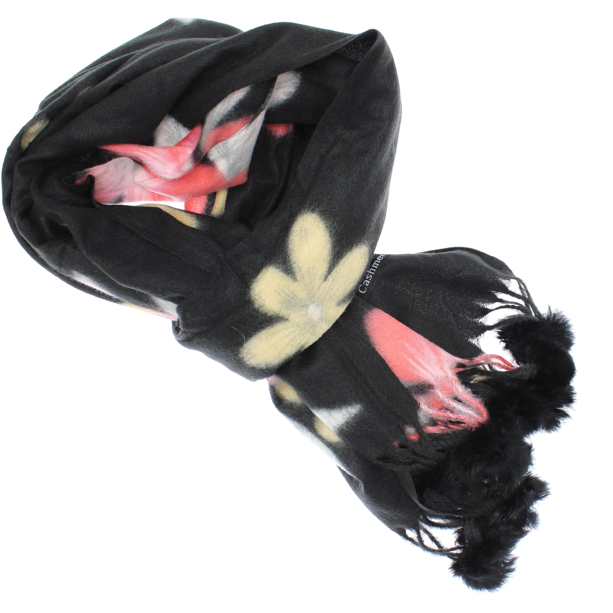 Esarfa de dama, 100% casmir, Negru, cu flori si ciucuri, 190 x 70 cm - ES794