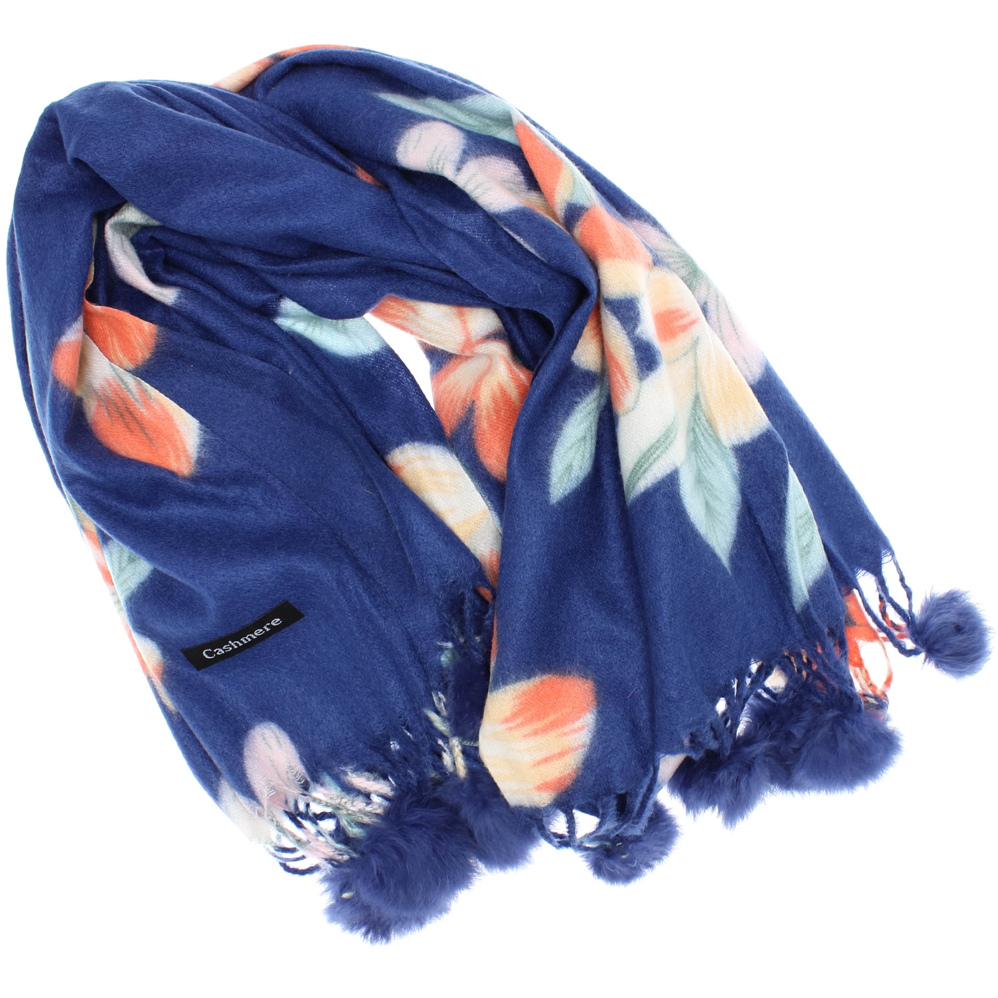 Esarfa de dama, 100% casmir, Bleumarin, cu flori si ciucuri, 190 x 70 cm - ES792