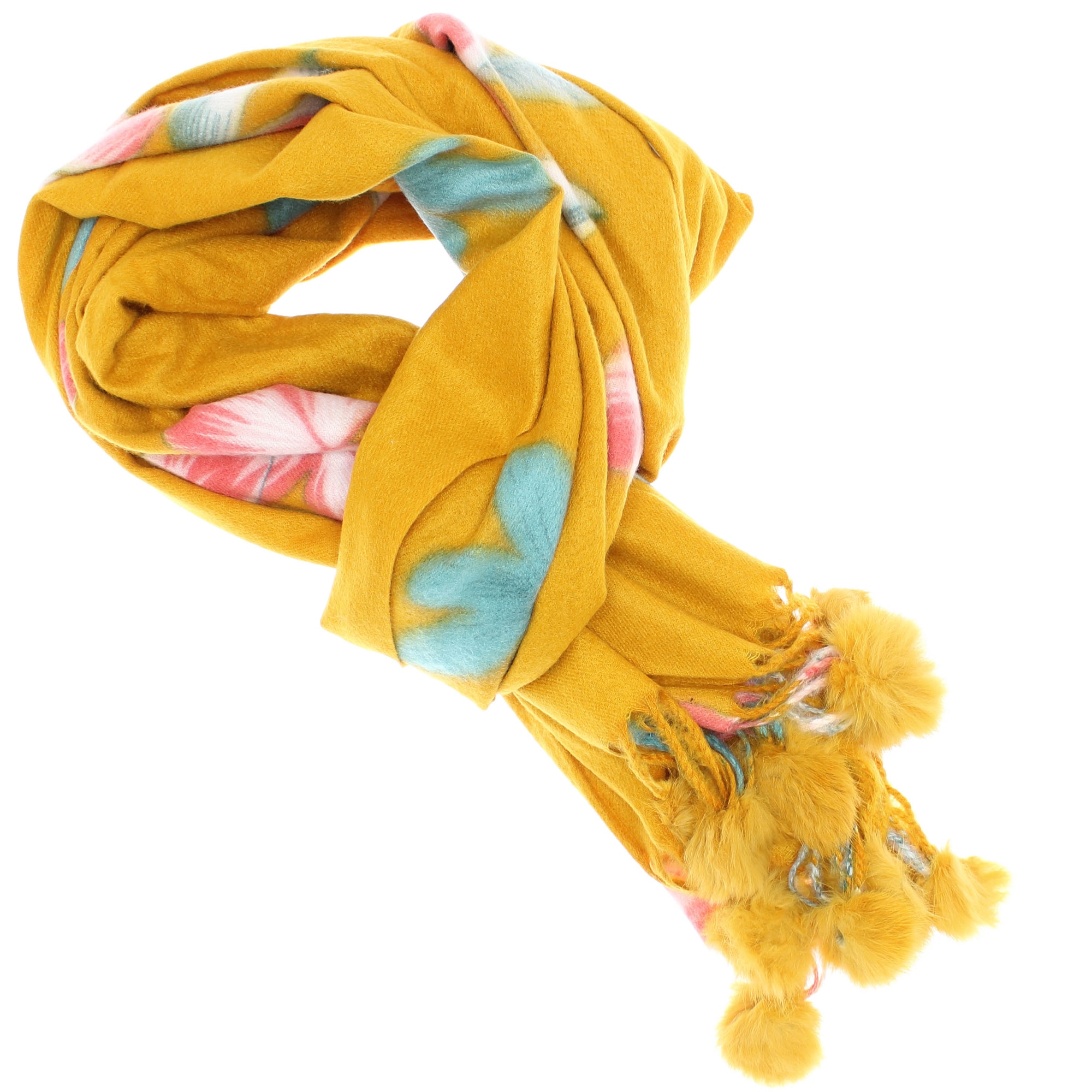 Esarfa de dama, 100% casmir, Galben mustar, cu flori si ciucuri, 190 x 70 cm - ES796