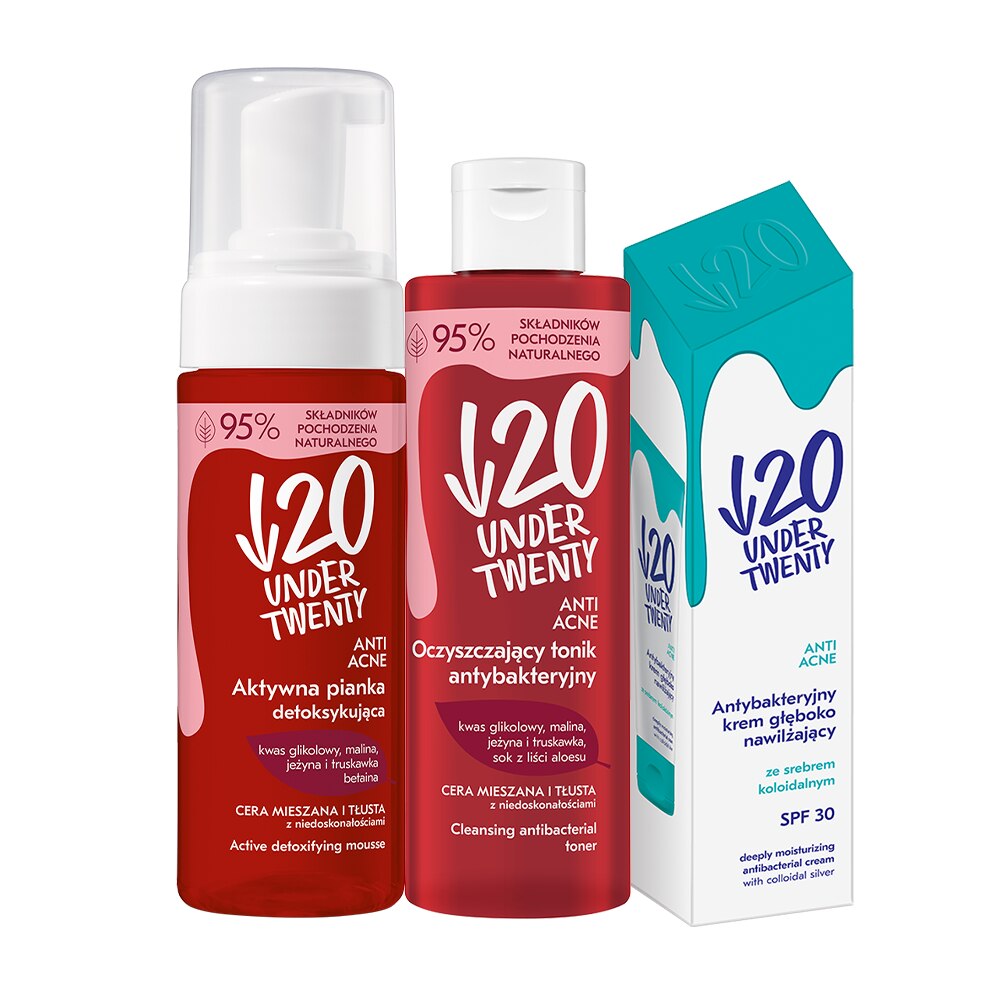 Set 3 produse, Spuma activa detoxifianta, tonic antibacterian, crema antibacteriana cu argint coloidal pentru Ingrijirea Intensa a Tenului Acneic Under20