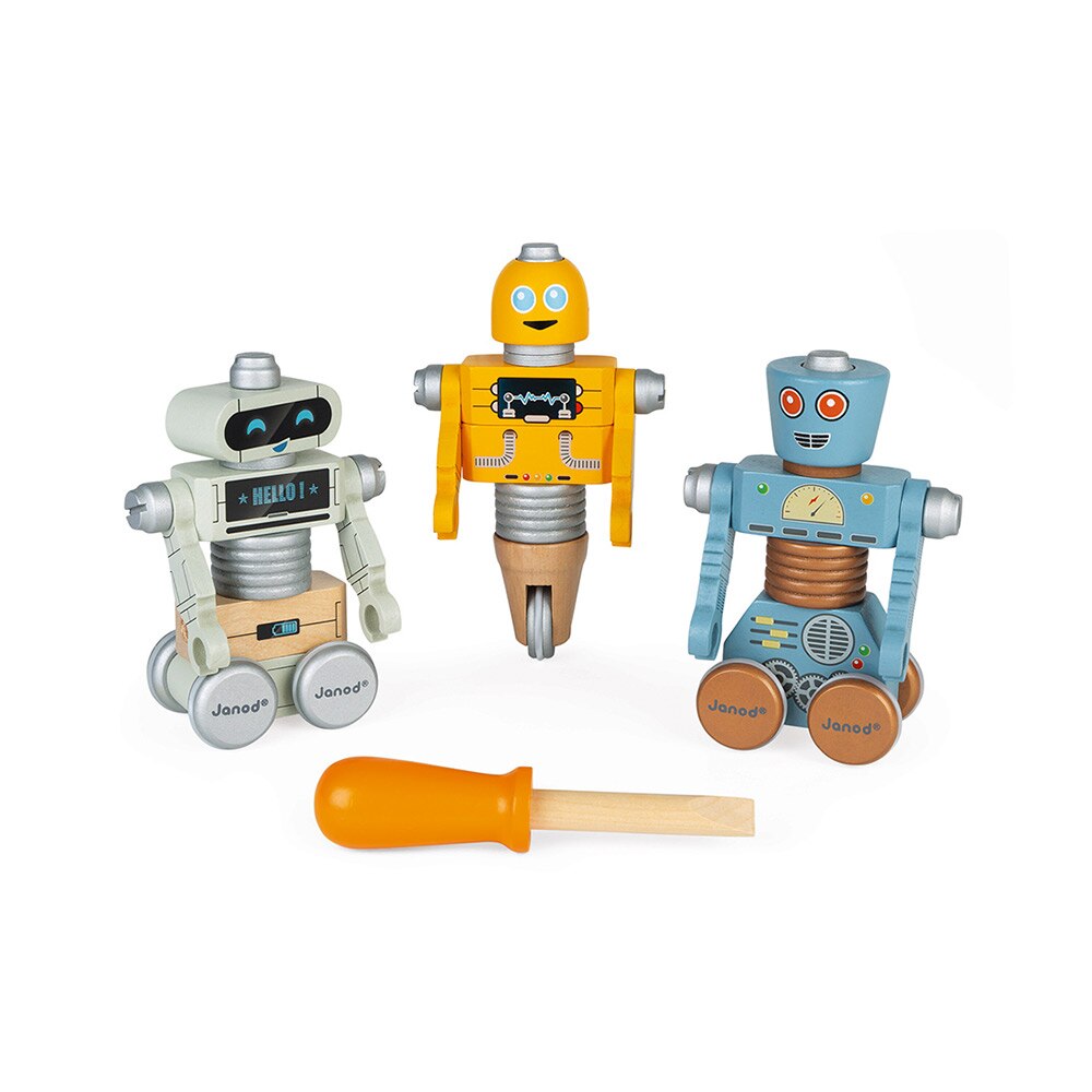 Set de constructie, Janod, Roboti, din lemn, 2 ani+