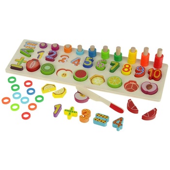 Jucarie Educativa din Lemn Montessori, Indiggo®, Include Puzzle cu Cifre, Fructe de Taiat, Inele pentru Numarat, Semne Matematice, 3 ani+, Multicolor Jucarie Educativa din Lemn Montessori, Indiggo®, Include Puzzle cu Cifre, Fructe de Taiat, Inele pentru Numarat, Semne Matematice, 3 ani+, Multicolor