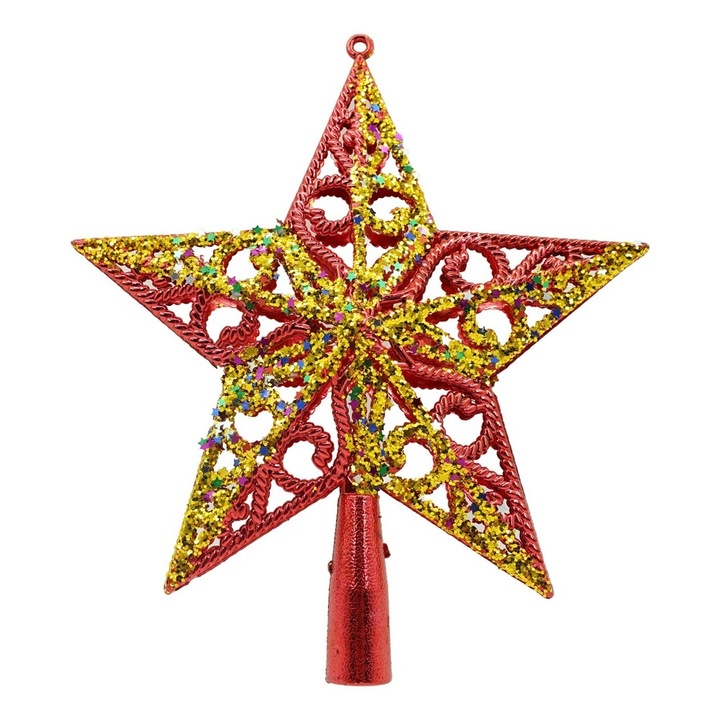 Връх за елха Flippy звезда, златист/червен, спираловиден дизайн, от пластмаса/метал, 19 см x 21 см, интериор/екстериор