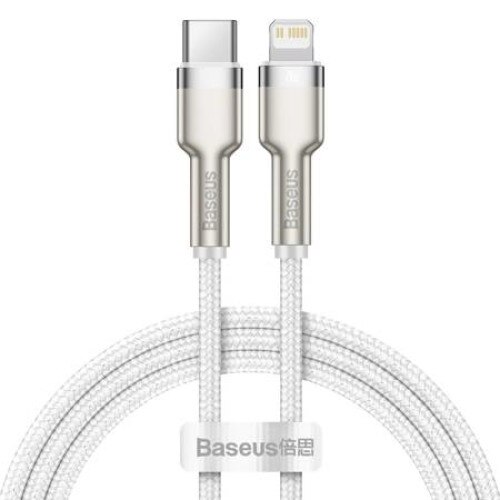 Cablu de date, Baseus Cafule, CATLJK-A02, USB-C la Lightning, Quick Charge, 20W, Lungime 1 m, 480 Mb/s, Alb, Tip snur acoperit cu nailon