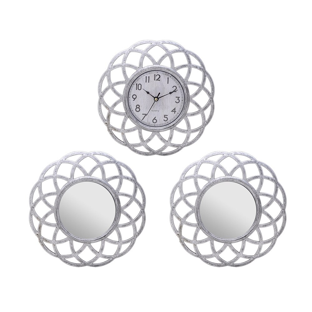 Set 3 piese luna ceas de perete si 2 oglinzi rotunde, silver antic InArt
