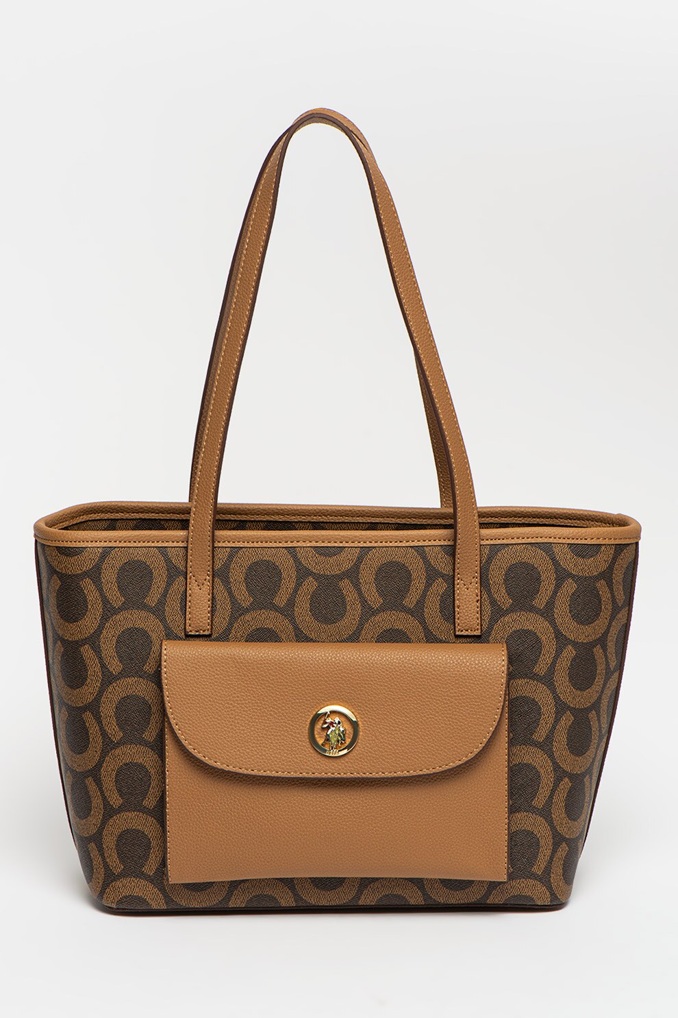 U.S. Polo Assn., Geanta shopper mica cu buzunar exterior, Maro