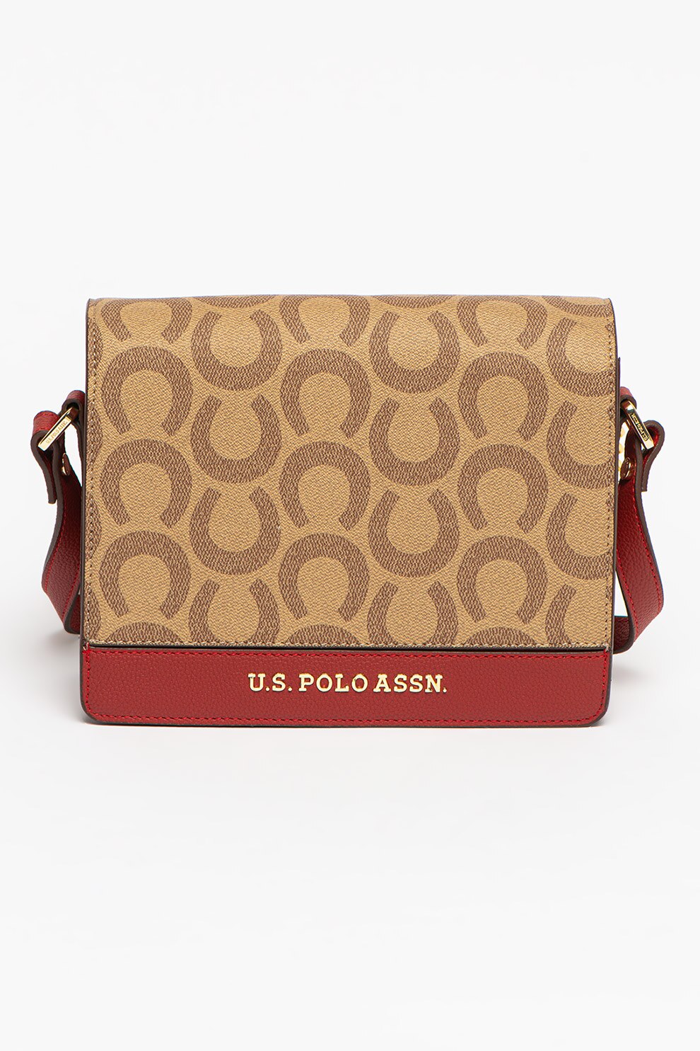 U.S. Polo Assn., Geanta crossbody cu canaf, Bej/Rosu