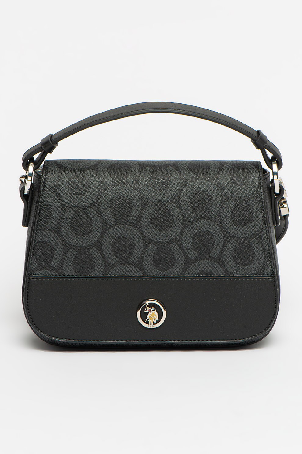 U.S. Polo Assn., Geanta saddle cu model si bareta detasabila, Negru