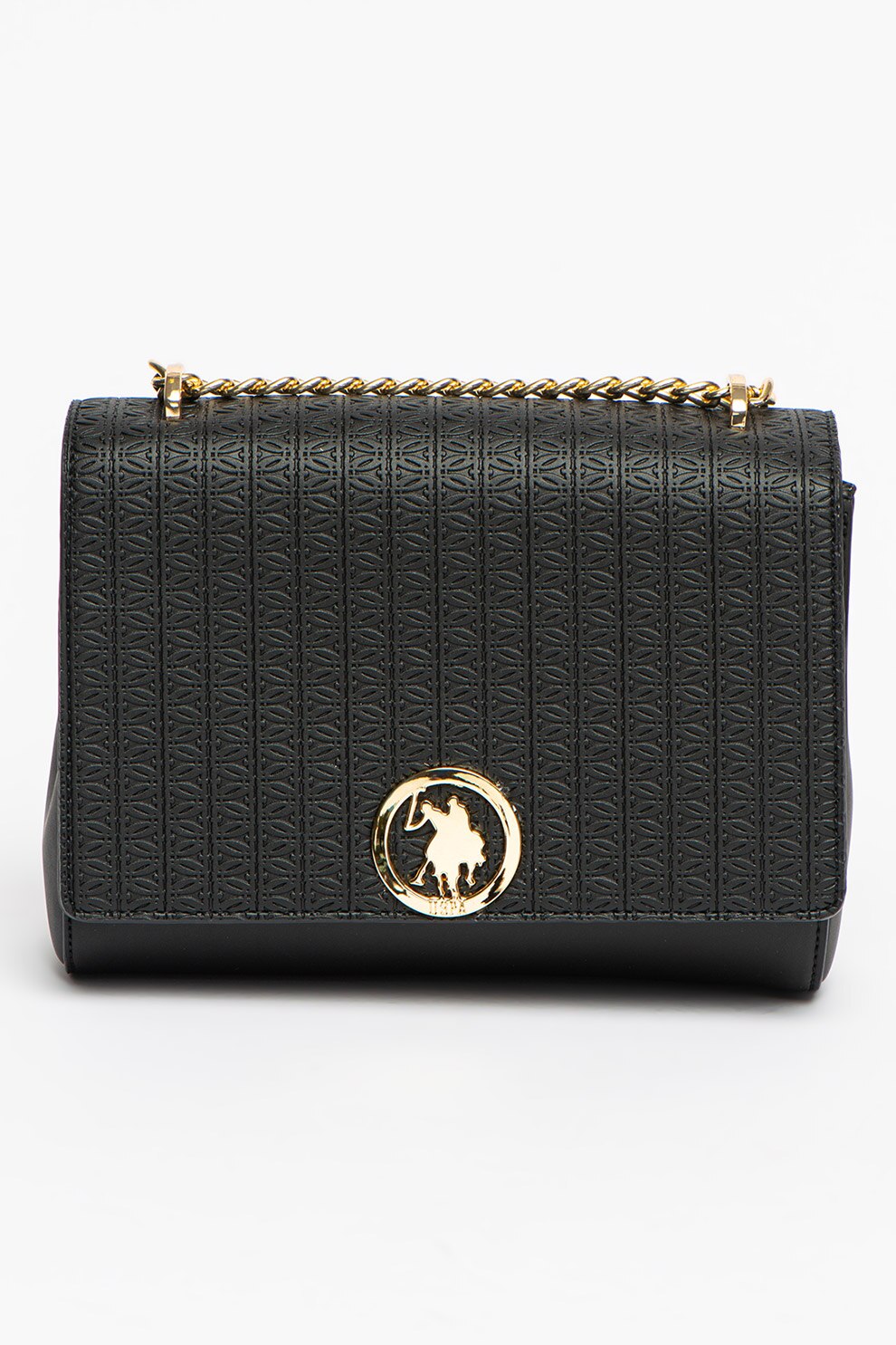 U.S. Polo Assn., Geanta crossbody de piele ecologica cu bareta din lant, Negru