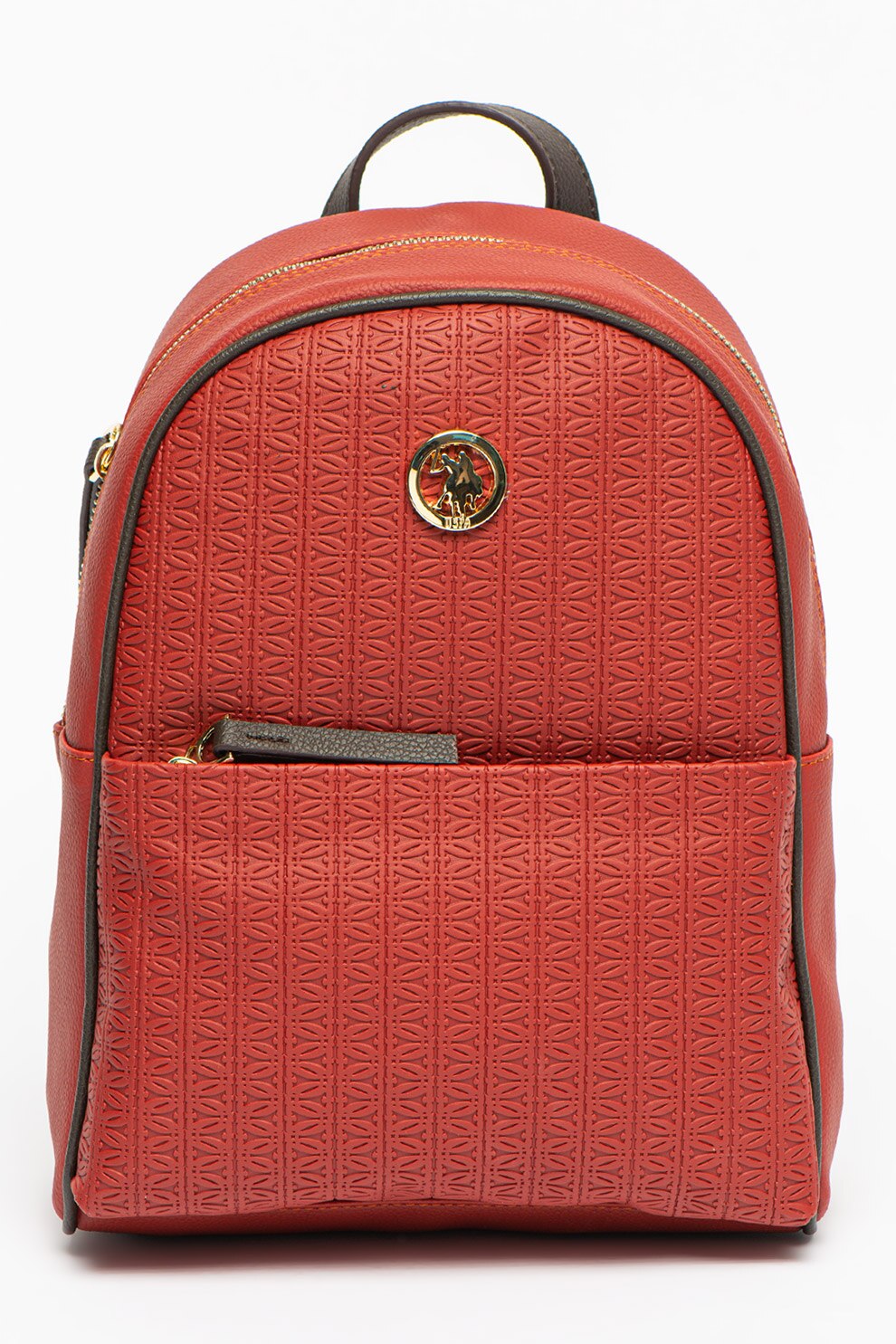 U.S. Polo Assn., Rucsac de piele ecologica cu fermoar, Rosu inchis/maro inchis